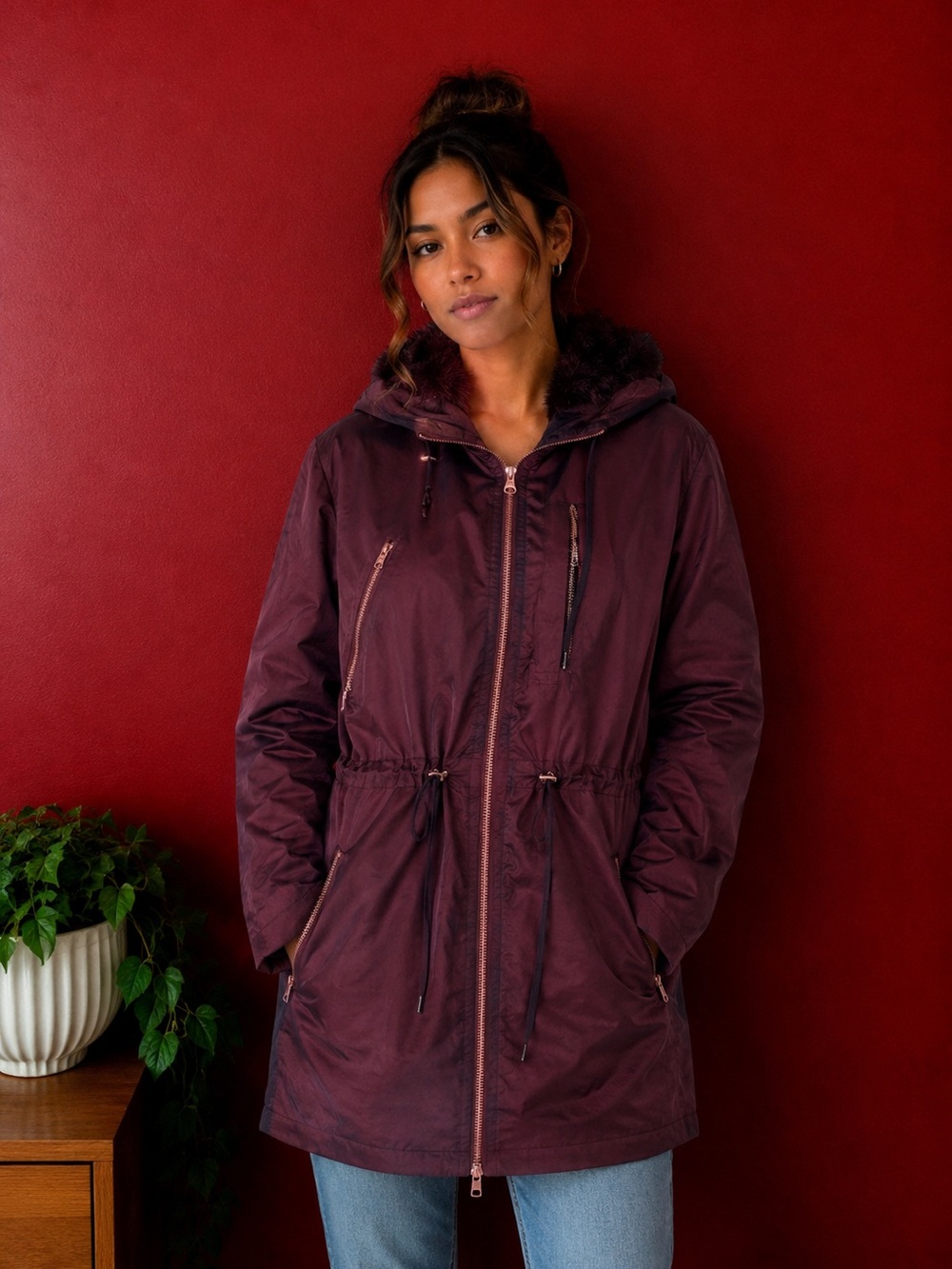 Ted Baker London Women’s Burgundy Hooded Parka Coat Faux Fur – US 12 / UK 16